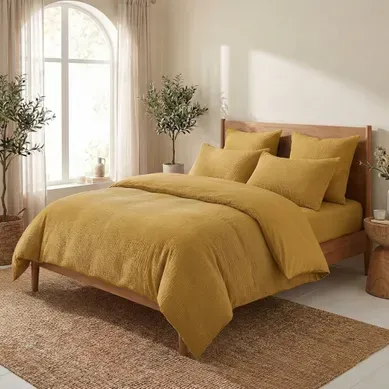 Parure De Lit 220x240 Cm Gaze De Coton - Coton 57 Fils Ocre Parure De Lit 220x240 Cm Gaze De Coton - Coton 57 Fils Ocre