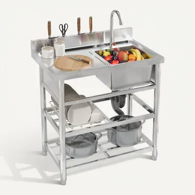 évier Indépendant 80×50 Cm Avec Robinet, 2 étagères, Rangement Et Accessoires, Argenté