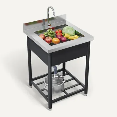évier Indépendant 60x60cm  Avec Robinet, Drain, Tablette Et Bac Unique, Inox Argenté