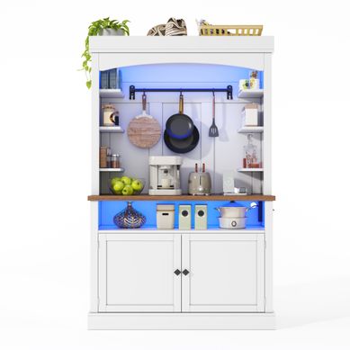 Buffet De Cuisine 183 Cm Avec LED, Prises Et étagères Ouvertes, Blanc Buffet De Cuisine 183 Cm Avec LED, Prises Et étagères Ouvertes, Blanc