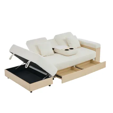Canapé D'angle Convertible 217cm Avec Rangement, Coffre, Porte-gobelet, Tissu Chenille Beige Canapé D'angle Convertible 217cm Avec Rangement, Coffre, Porte-gobelet, Tissu Chenille Beige