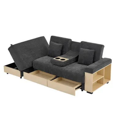 Canapé D'angle Convertible 217cm Avec Rangement, Coffre, Porte-gobelet, Tissu Chenille Gris Canapé D'angle Convertible 217cm Avec Rangement, Coffre, Porte-gobelet, Tissu Chenille Gris