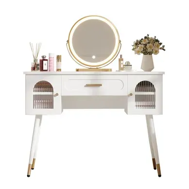 Coiffeuse LED Avec Miroir Rond, 1 Tiroir Et 2 Portes, Blanc
