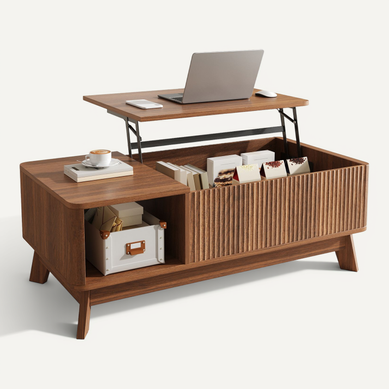 Table Basse Relevable Design Vague Avec Rangement, Bois-foncé