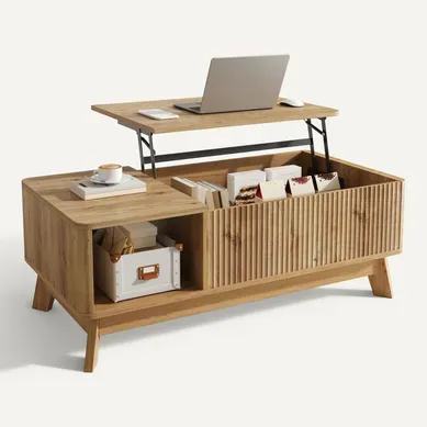 Table Basse Relevable Design Vague Avec Rangement, Bois Table Basse Relevable Design Vague Avec Rangement, Bois