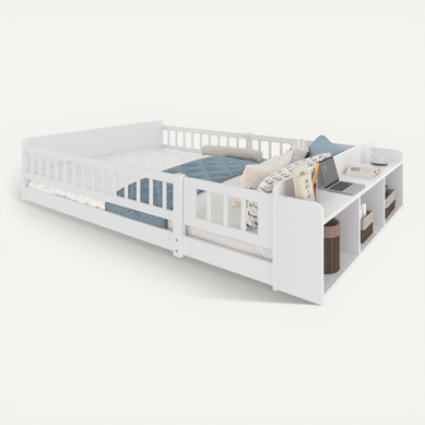 Lit Enfant 140x190 Avec Barrière, Porte Et Rangement Ouvert, Blanc Lit Enfant 140x190 Avec Barrière, Porte Et Rangement Ouvert, Blanc