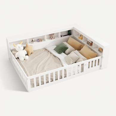 Lit Enfant 140x190 Cm Avec USB Prise, Rangement Latéral Et Barrière Sécurité, Blanc Lit Enfant 140x190 Cm Avec USB Prise, Rangement Latéral Et Barrière Sécurité, Blanc