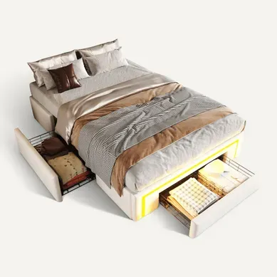 Lit 90x200 Cm Avec 2 Tiroirs Et LED, Blanc