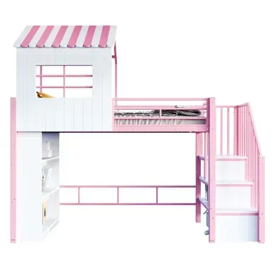 Lit Mezzanine Cabane En Métal 90x200 Cm Avec Escalier Modulable Rangement, Rose