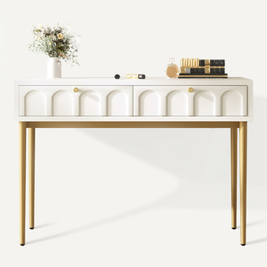 Table Console Blanche Avec 3 Tiroirs SOGES - 100x34x71.5 Cm, Plateau MDF, Pieds Pin, Pour Entrée Ou Salon