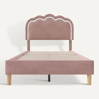 Lit Enfant 90 X 190cm Avec Tête De Lit Réglable En Hauteur Et LED Velours Rose