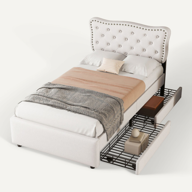 Lit Adulte 90x200cm Avec 2 Tiroirs Beige - Lit Avec Rangement Beige Lit Adulte 90x200cm Avec 2 Tiroirs Beige - Lit Avec Rangement Beige