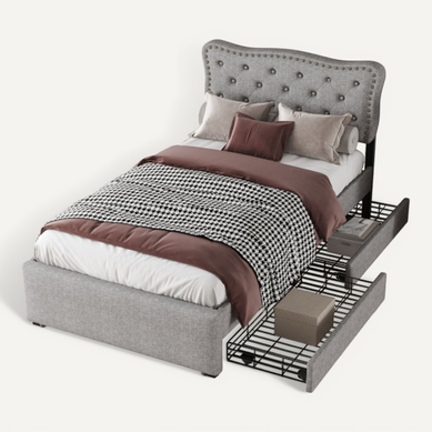 Lit Adulte 90x200cm Avec 2 Tiroirs Gris - Lit Avec Rangement Gris Lit Adulte 90x200cm Avec 2 Tiroirs Gris - Lit Avec Rangement Gris