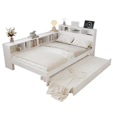 Lit Gigogne 120x200 Cm Avec Lit Tiroir 90x190 Et Rangement Latéral, Blanc Lit Gigogne 120x200 Cm Avec Lit Tiroir 90x190 Et Rangement Latéral, Blanc