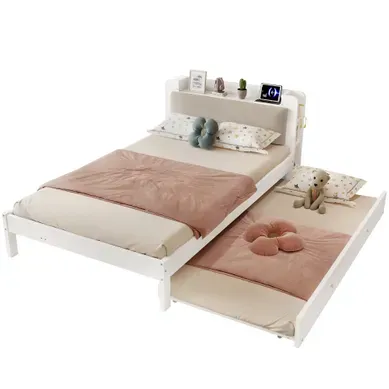Lit Gigogne 120x200 Cm Avec Lit Tiroir 90x190, Tête De Lit Rangement Et USB, Blanc Lit Gigogne 120x200 Cm Avec Lit Tiroir 90x190, Tête De Lit Rangement Et USB, Blanc