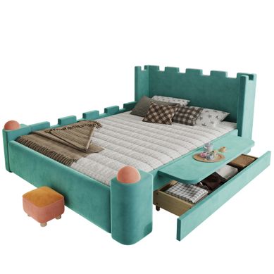 Lit Enfant 140x200 Cm Avec Tiroir Et Tablette Latérale Pliable, Design Château, Velous Bleu-vert