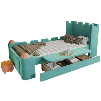 Lit Enfant 90x200 Cm Avec Tiroir Et Tablette Latérale Pliable, Design Château, Velous Bleu-vert