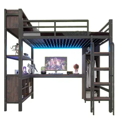Lit Mezzanine 90x200 Avec Bureau Armoire LED Prises, Noir Lit Mezzanine 90x200 Avec Bureau Armoire LED Prises, Noir
