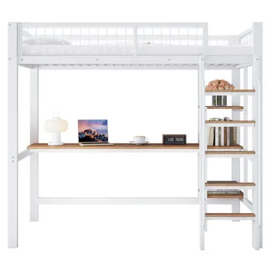 Lit Mezzanine Enfant 90x200 Cm Avec Bureau Et étagères, Blanc Et Bois Naturel