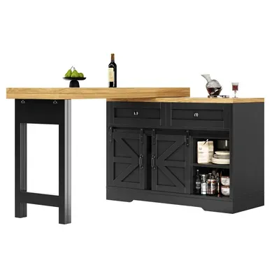 Îlot Cuisine Extensible 360° Avec Table à Manger, Porte Coulissante Et Rangements, Noir