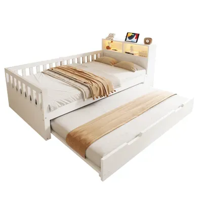 Lit Gigogne 90x190/200 Cm Avec Lit Tiroir, LED, USB Et Barrières De Sécurité, Blanc