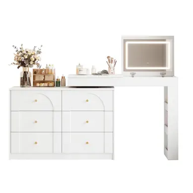 Coiffeuse 105 Cm Avec Miroir LED 3 Couleurs Et 7 Tiroirs, Blanc Coiffeuse 105 Cm Avec Miroir LED 3 Couleurs Et 7 Tiroirs, Blanc