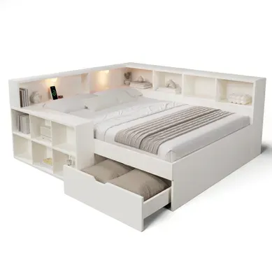 Lit Double 140x190 Cm Avec USB, Type-c, éclairage Et Tiroirs, Blanc