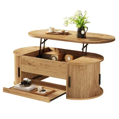 Table Basse Relevable Avec Plateau Coulissant, Bois Naturel Table Basse Relevable Avec Plateau Coulissant, Bois Naturel