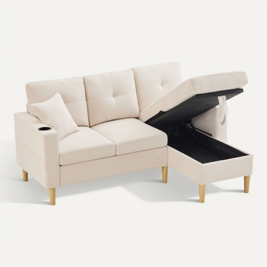 Canapé Fixe- Canapé D'angle 3 Places- Grand Espace De Rangement - 175x129x90cm - Beige Canapé Fixe- Canapé D'angle 3 Places- Grand Espace De Rangement - 175x129x90cm - Beige