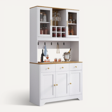 Buffet De Cuisine Multifonctionnelle - Portes Vitrées - Rangement Abondant - Rustique - Blanc