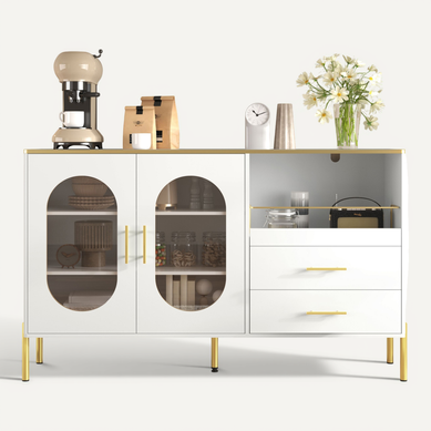 Buffet De Cuisine-avec 2 Tiroirs Et 2 Portes Vitrées-nombreux Rangements-moderne-blanc Buffet De Cuisine-avec 2 Tiroirs Et 2 Portes Vitrées-nombreux Rangements-moderne-blanc