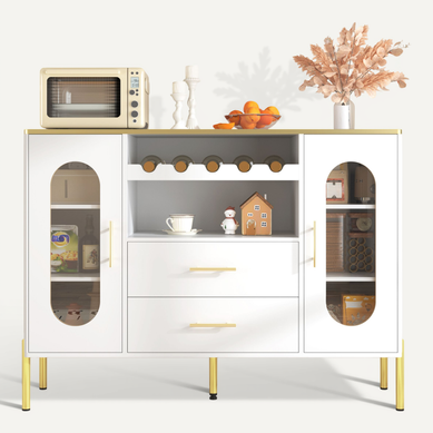 Buffet De Cuisine-avec Façades En Verre Et Casier à Vin-base Réglable-nombreux Rangements-blanc Buffet De Cuisine-avec Façades En Verre Et Casier à Vin-base Réglable-nombreux Rangements-blanc