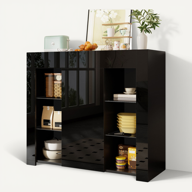 Buffet De Cuisine-buffet Noir Avec Façade Brillante-avec Étagères En Verre-cuisine, Salon Buffet De Cuisine-buffet Noir Avec Façade Brillante-avec Étagères En Verre-cuisine, Salon