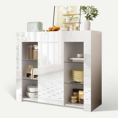 Buffet De Cuisine-buffet Blanc Avec Façade Brillante-avec Étagères En Verre-cuisine, Salon Buffet De Cuisine-buffet Blanc Avec Façade Brillante-avec Étagères En Verre-cuisine, Salon
