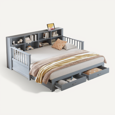 Lit Gigogne En Bois Massif-90x190cm-avec Prise De Charge Dans L'accoudoir Latéral-en Pin-gris Lit Gigogne En Bois Massif-90x190cm-avec Prise De Charge Dans L'accoudoir Latéral-en Pin-gris