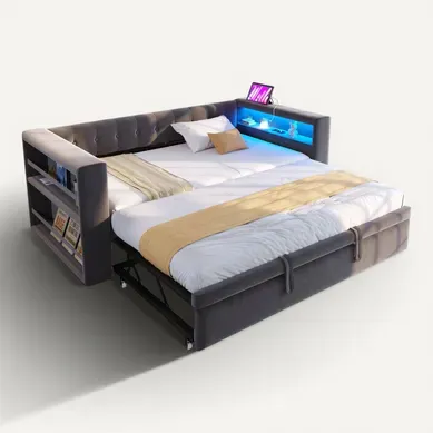Lit Gigogne Lit Rembourré 90/180x190 Cm Canapé-lit Avec LED, Prise Et Rangement, Gris Foncé Lit Gigogne Lit Rembourré 90/180x190 Cm Canapé-lit Avec LED, Prise Et Rangement, Gris Foncé
