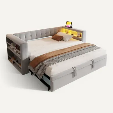 Lit gigogne Lit Rembourré 90/180x190 Cm Canapé-lit Avec LED, Prise Et Rangement, Gris Clair Lit gigogne Lit Rembourré 90/180x190 Cm Canapé-lit Avec LED, Prise Et Rangement, Gris Clair