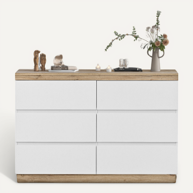 Commode à 6 Tiroirs-fonction De Rangement-pour Chambre Et Salon-blanc + Chêne Commode à 6 Tiroirs-fonction De Rangement-pour Chambre Et Salon-blanc + Chêne