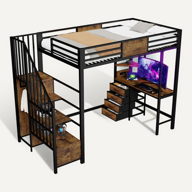 Lit Mezzanine 2 Places En Fer - 90x200 Cm En Haut, 120x200 Cm En Bas, Avec Escalier 4 Marches, Armoire Et Bureau - Noir, Certifié EN747