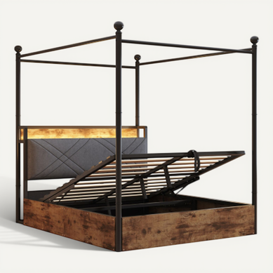 Lit Double 140 X 190 Cm-avec Rangement Sous Le Lit-en Fer Forgé-led Et Ports USB/type-c-bois Lit Double 140 X 190 Cm-avec Rangement Sous Le Lit-en Fer Forgé-led Et Ports USB/type-c-bois