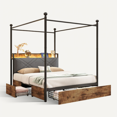Lit Double 140 X 190 Cm-avec 3 Tiroirs Sous Le Lit-en Fer Forgé-led Et Ports USB/type-c-bois Lit Double 140 X 190 Cm-avec 3 Tiroirs Sous Le Lit-en Fer Forgé-led Et Ports USB/type-c-bois
