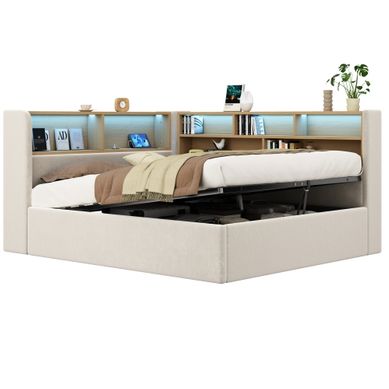 Lit Enfant 140x190 Cm-avec Rangement Hydraulique-canapé-lit Avec LED, Port USB-en Velours-beige Lit Enfant 140x190 Cm-avec Rangement Hydraulique-canapé-lit Avec LED, Port USB-en Velours-beige