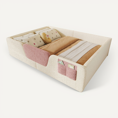 Lit Enfant 140x190 Cm - En Velours Avec Barrières Amovibles - Rangement Intégré - Beige Lit Enfant 140x190 Cm - En Velours Avec Barrières Amovibles - Rangement Intégré - Beige