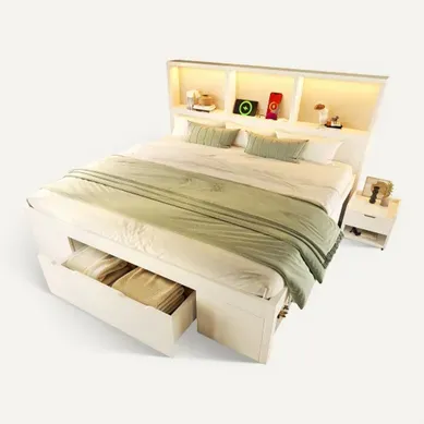 Lit 140x200 Cm Avec Table De Chevet Amovible-lit Simple En Bois-éclairage LED Et Port USB-c-blanc Lit 140x200 Cm Avec Table De Chevet Amovible-lit Simple En Bois-éclairage LED Et Port USB-c-blanc