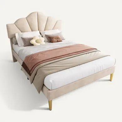 Lit 140 X 190 Cm Avec Tête De Lit Réglable En Hauteur Velours Beige Lit 140 X 190 Cm Avec Tête De Lit Réglable En Hauteur Velours Beige