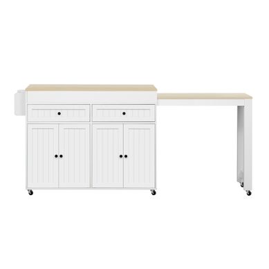 Ilot Central Cuisine Comptoir Avec Table Extensible, 2 Tiroirs Et 4 Portes Bois Blanc