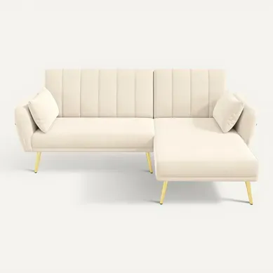 Canapé L Convertible Avec Rangement, Dossier Réglable, Méridienne Réversible, Velours Beige Canapé L Convertible Avec Rangement, Dossier Réglable, Méridienne Réversible, Velours Beige
