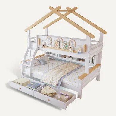 Lit Superposé Cabane 90x200cm + 120x200cm avec 2 Tiroirs Et étagère Blanc + Imitation Chêne Lit Superposé Cabane 90x200cm + 120x200cm avec 2 Tiroirs Et étagère Blanc + Imitation Chêne