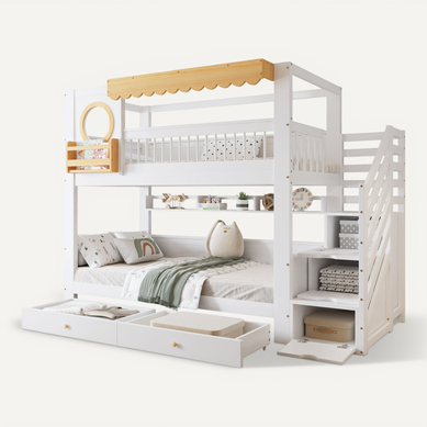 Lit Superposé 2 X 90 X 200cm Avec 2 Tiroirs, 3 Escaliers De Rangement Et étagères Lit Superposé 2 X 90 X 200cm Avec 2 Tiroirs, 3 Escaliers De Rangement Et étagères