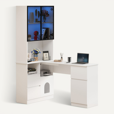 Bureau Angle Avec 3 étagères, 3 Tiroirs Et 2 Portes Blanc Bureau Angle Avec 3 étagères, 3 Tiroirs Et 2 Portes Blanc
